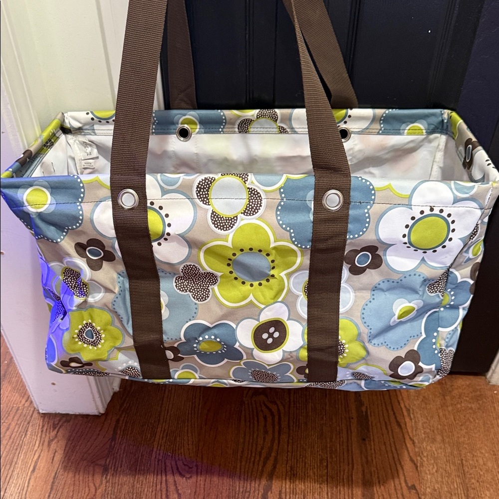 Colorful Floral Tote with Brown Straps